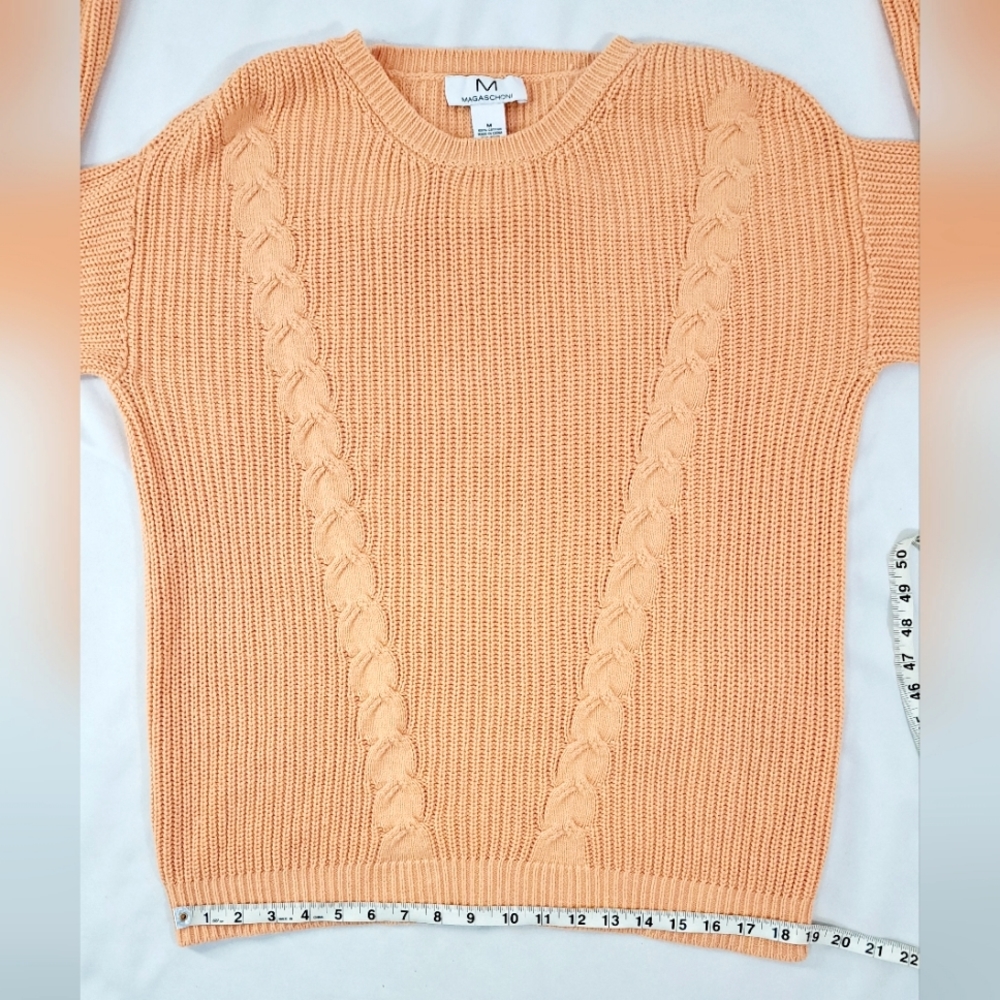 Magaschoni Orange Pumpkin Sweater Cable Knit Long Cotton Pullover Crew Neck M - Picture 11 of 16